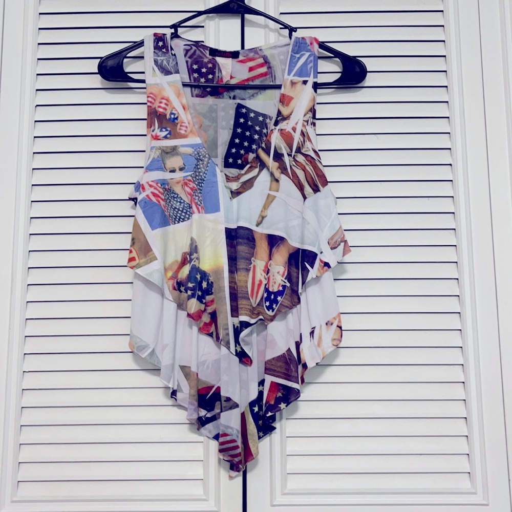 American Flag collaged Ruffled Sleeveless Shirt Sm